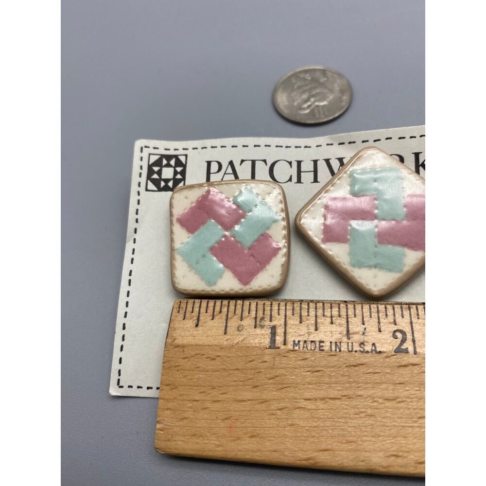 Patchworks quilting Handmade Ceramic vintage large post Earrings 80s Pink,Blue - Picture 3 of 5